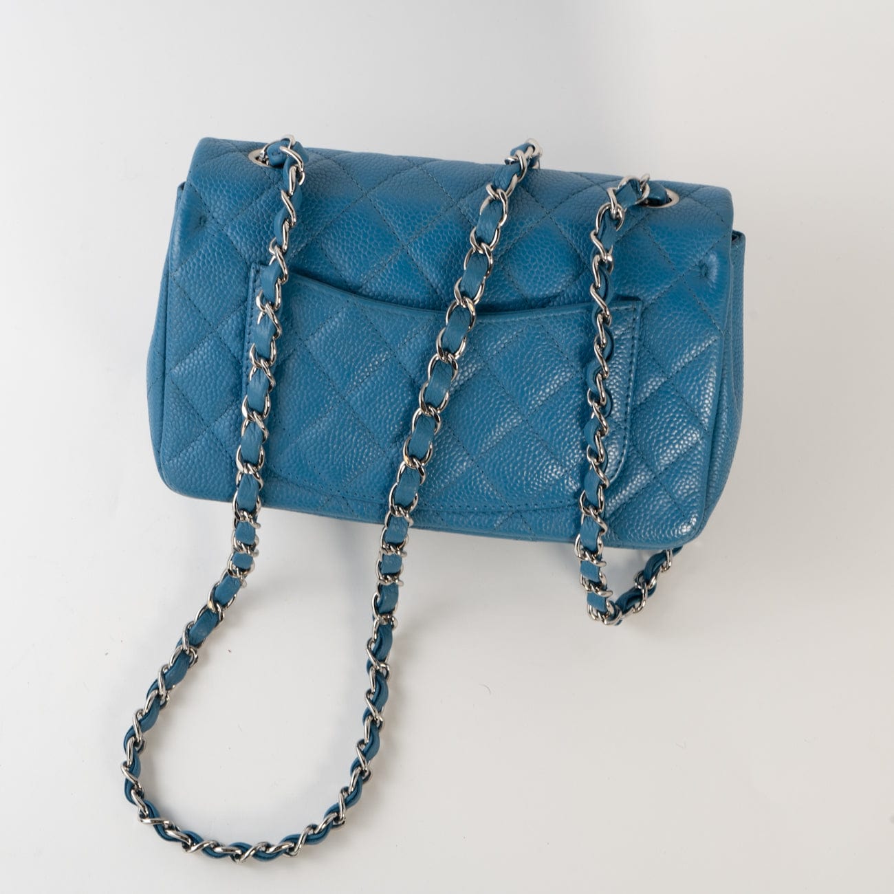 BLUE MINI RECTANGULAR CAVIAR QUILTED SINGLE FLAP SILVER HARDWARE