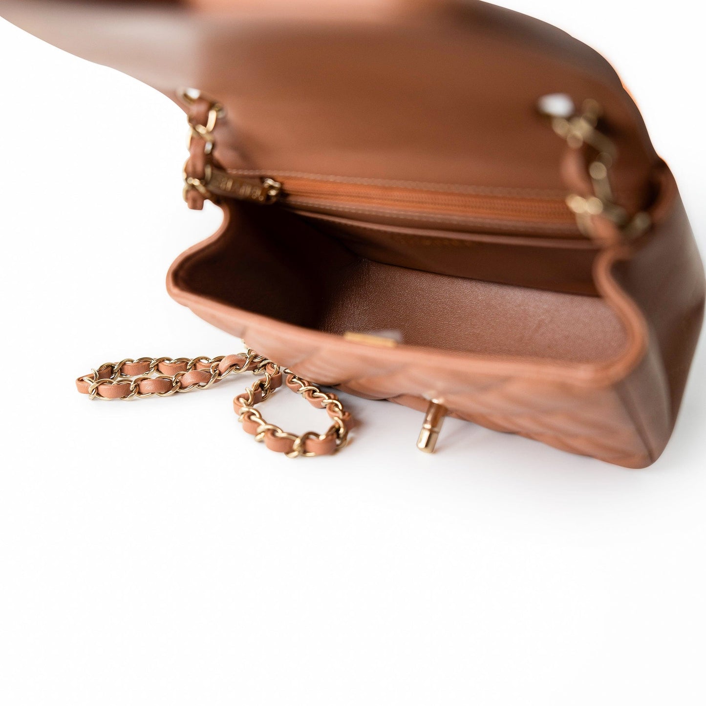 22S Caramel Lambskin Quilted Mini Square Flap Light Gold Hardware