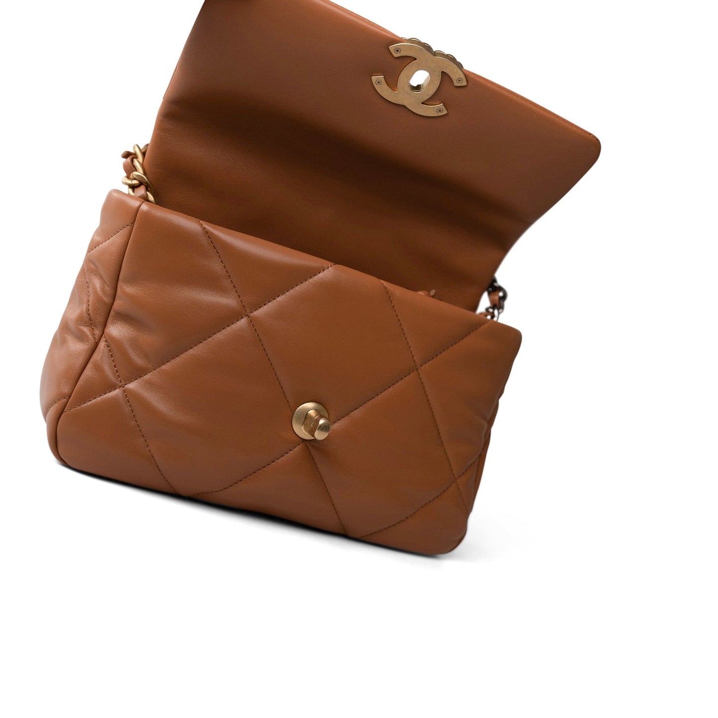 23B Caramel Lambskin Quilted 19 Flap Small Mixed Hardware