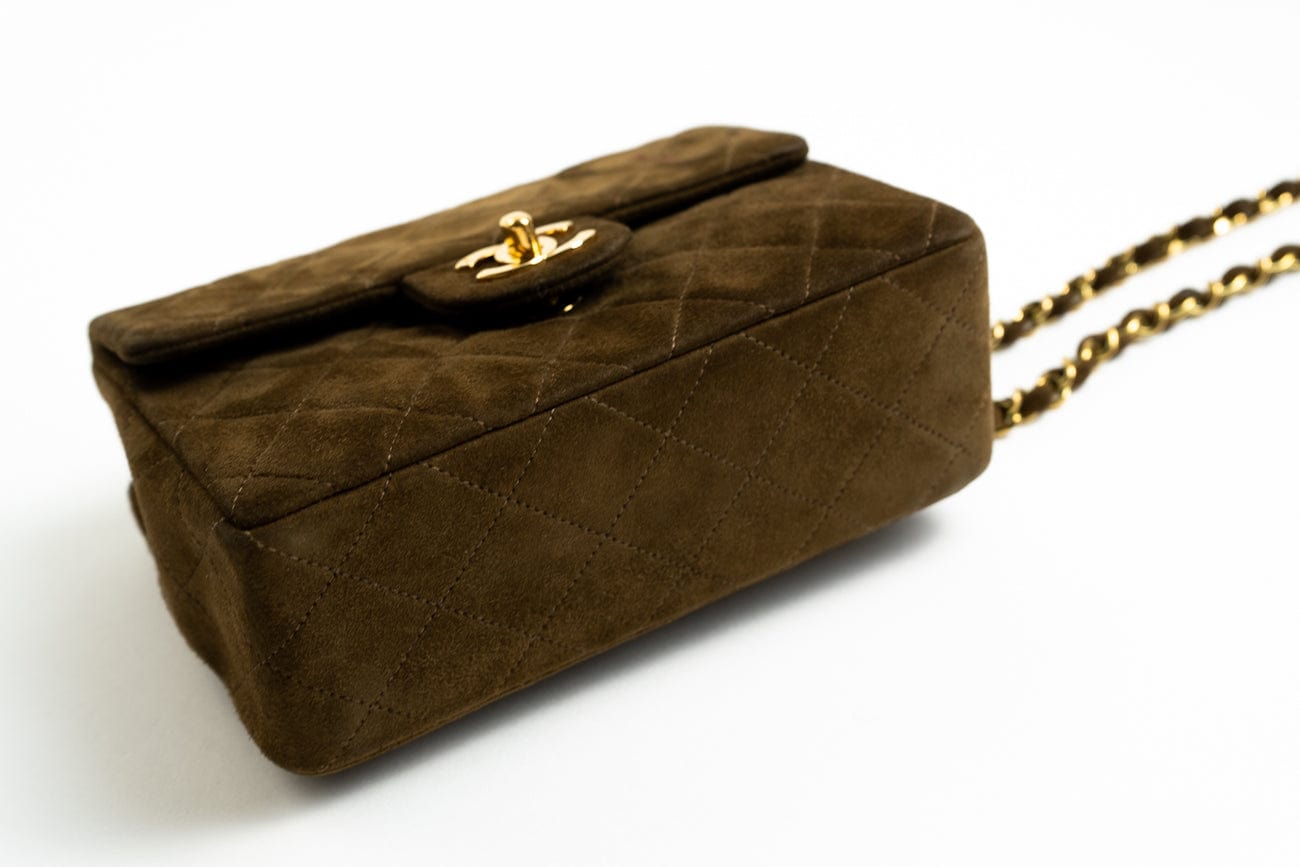 Vintage Brown Suede Quilted Mini Square Flap GHW