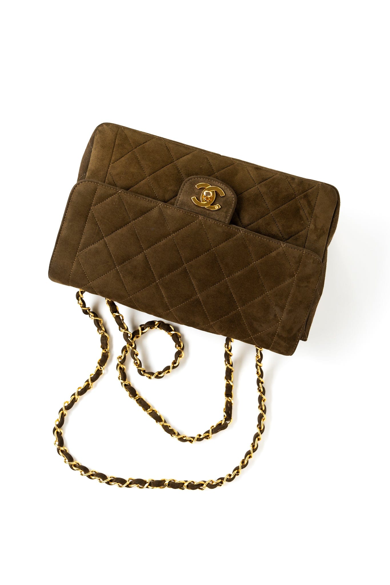 Vintage Matelasse Brown Suede Quilted Single Flap Gold Hardware