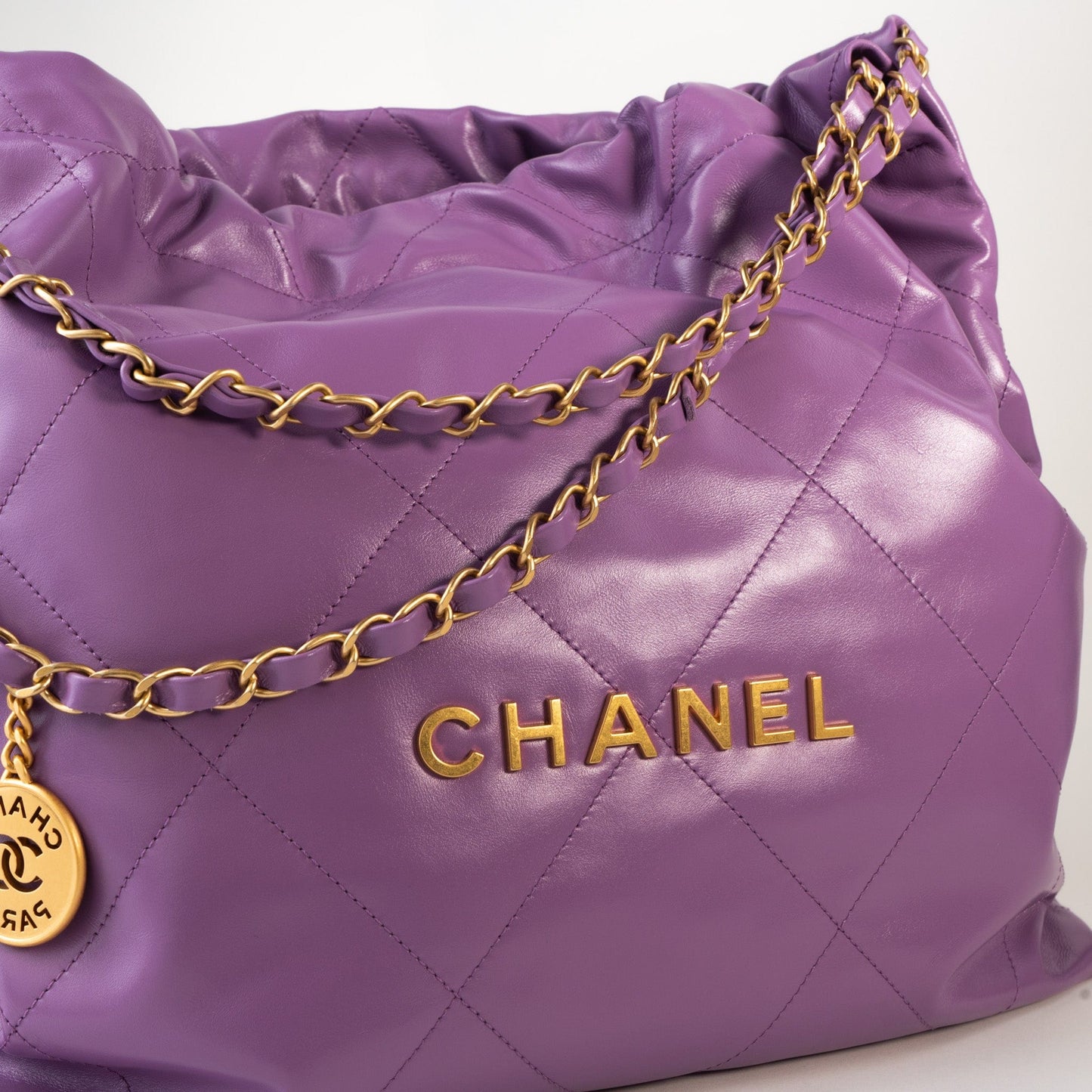 Chanel Purple Calfskin Quilted 22 Drawstring Bag