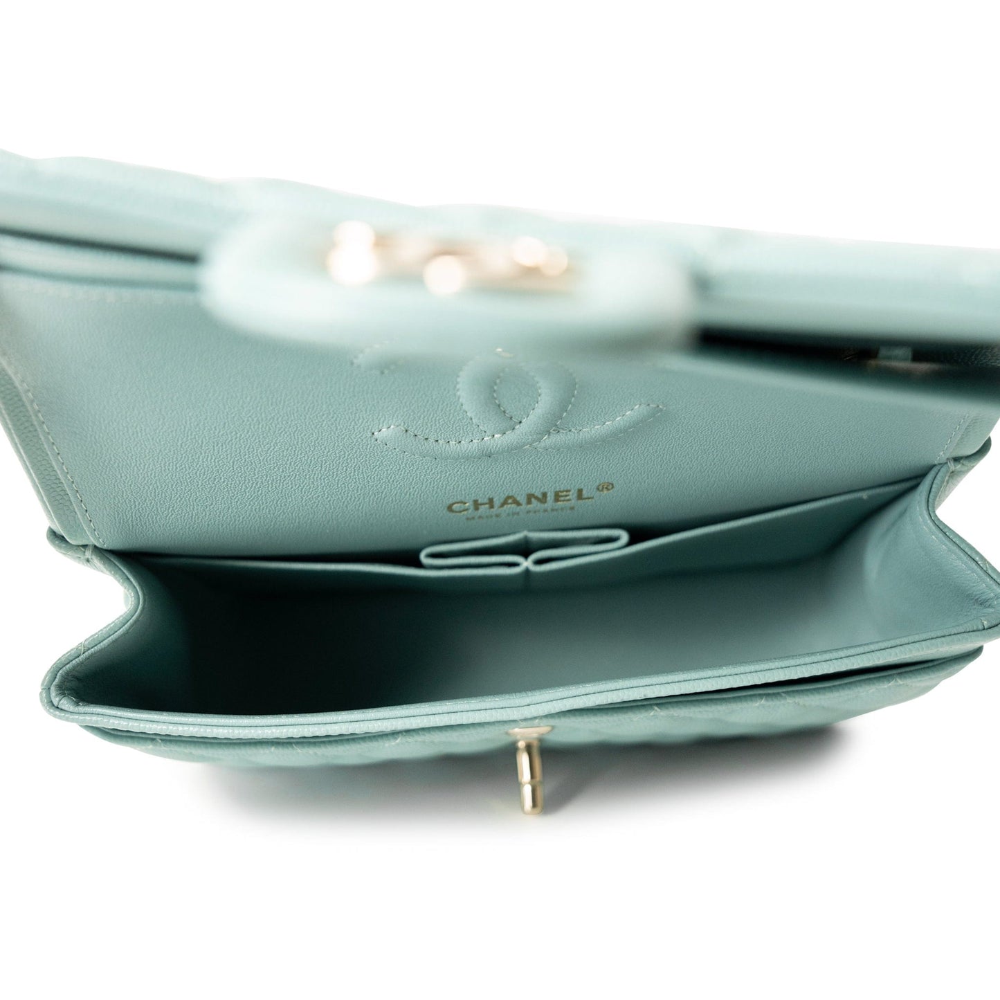 19C Tiffany Blue Caviar Quilted Classic Flap Small Light Gold Hardware