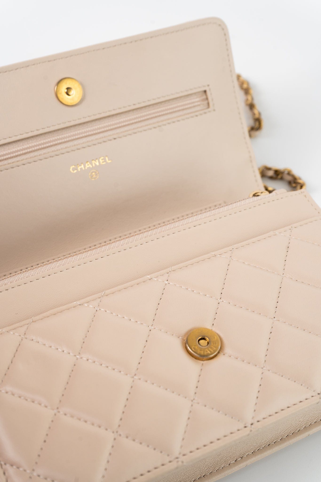 Nude/ Ecru Lambskin Quilted Chain Around Wallet On Chain WOC Aged Gold Hardware