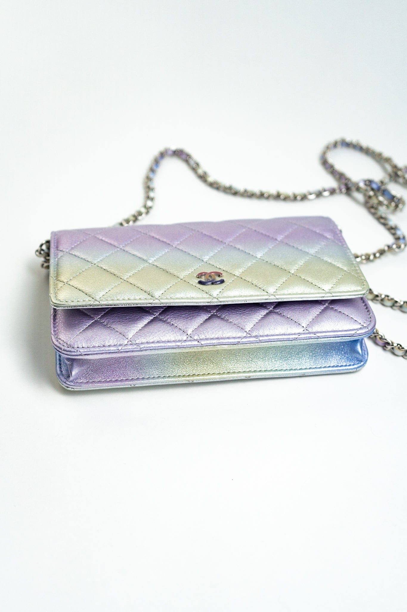 21K Gradient Metallic Rainbow Calfskin Quilted Wallet on Chain (WOC)