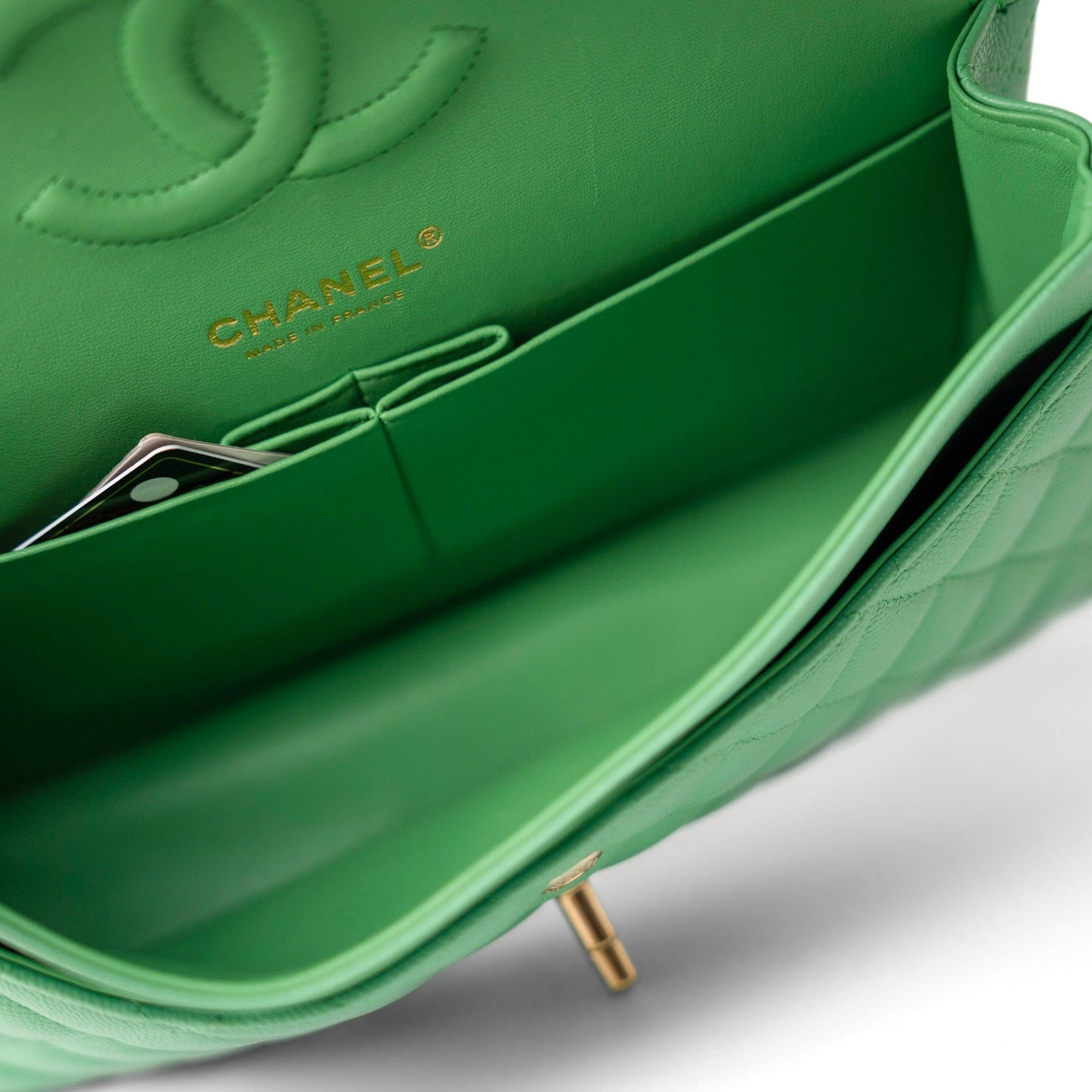 21P Green Caviar Quilted Classic Flap Medium Light Gold Hardware