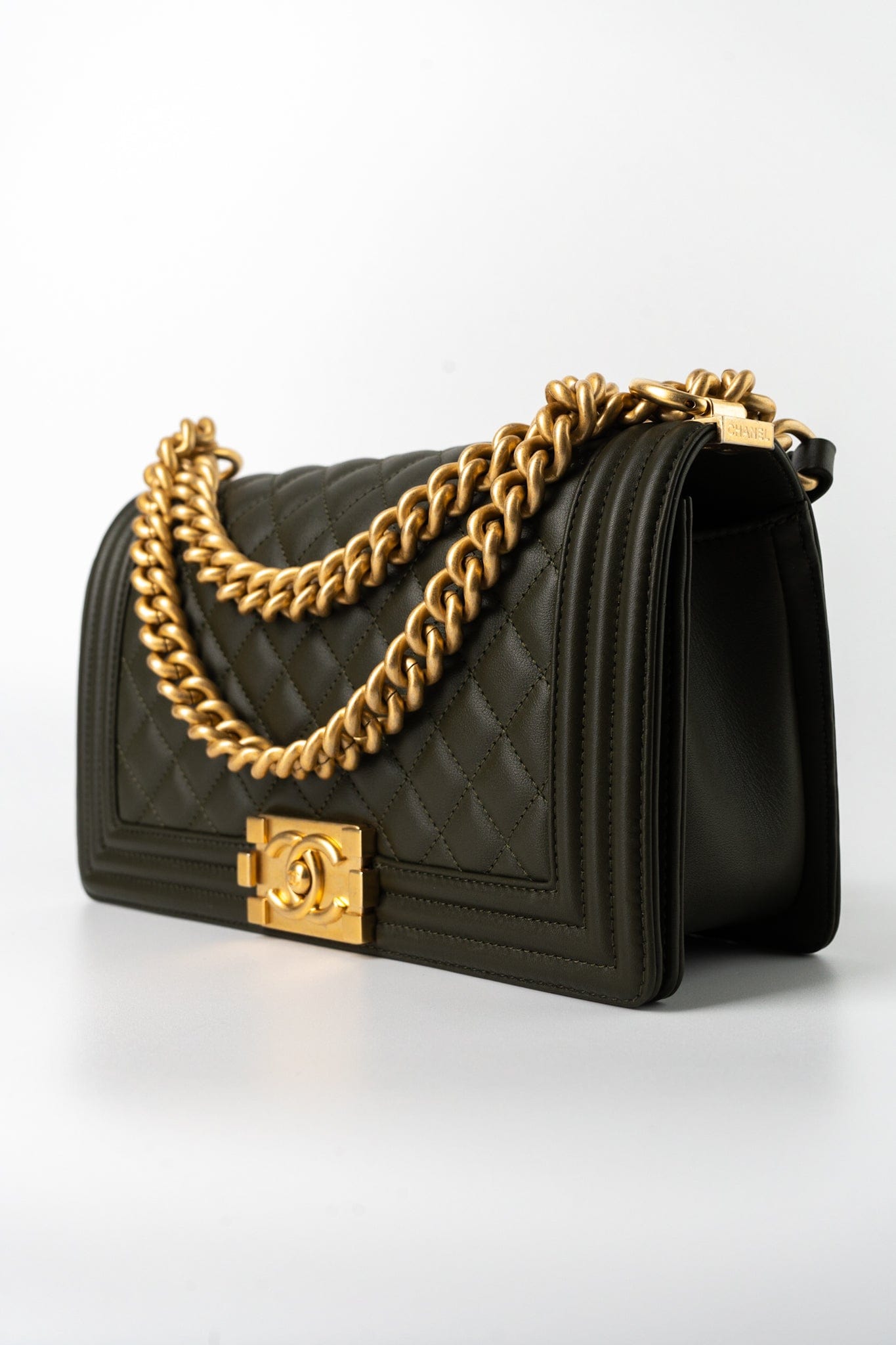 Khaki Green Lambskin Quilted Medium Boy Bag Aged Gold Hardware