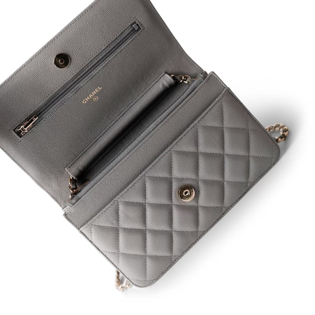22B Grey Caviar Quilted Wallet on Chain Light Gold Hardware