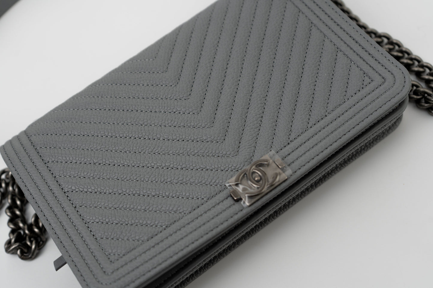 Chanel Grey Caviar Chevron Boy Wallet on Chain Ruthenium Hardware (WOC)
