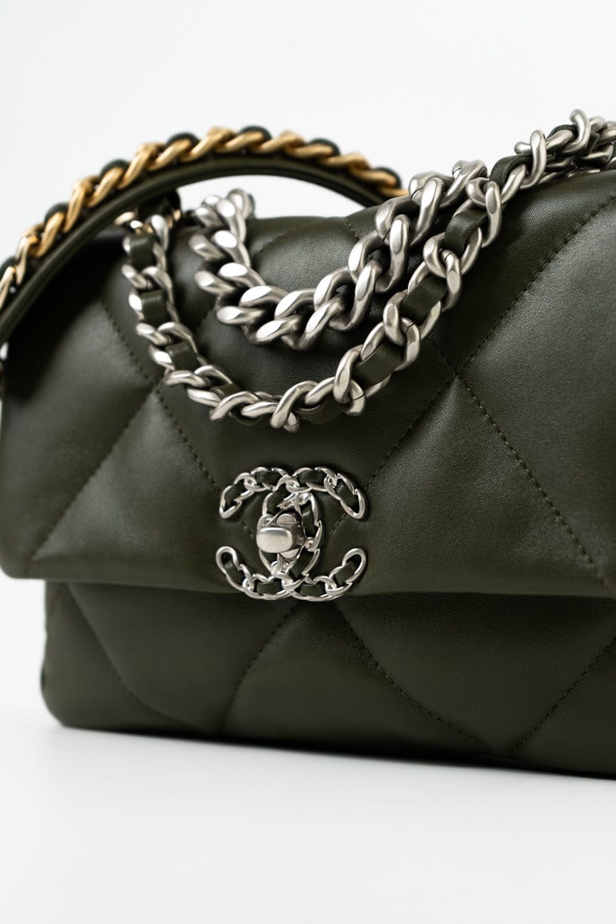 Khaki/ Olive Green Lambskin Quilted 19 Flap Small