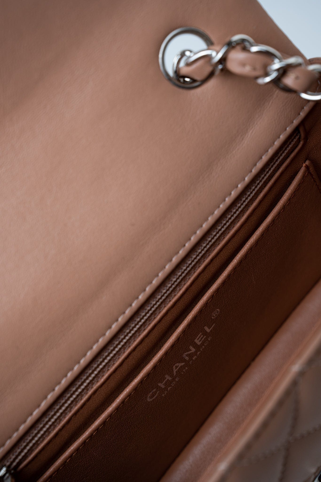 Light Caramel Lambskin Quilted Mini Rectangular Flap Silver Hardware