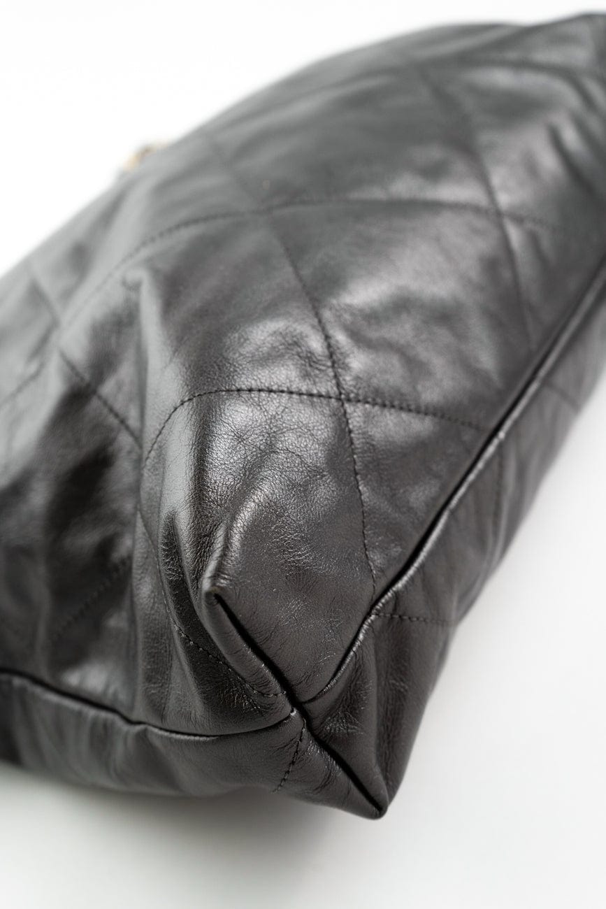 Metallic Charcoal Calfskin Quilted 22 Bag Medium Aged Gold Hardware