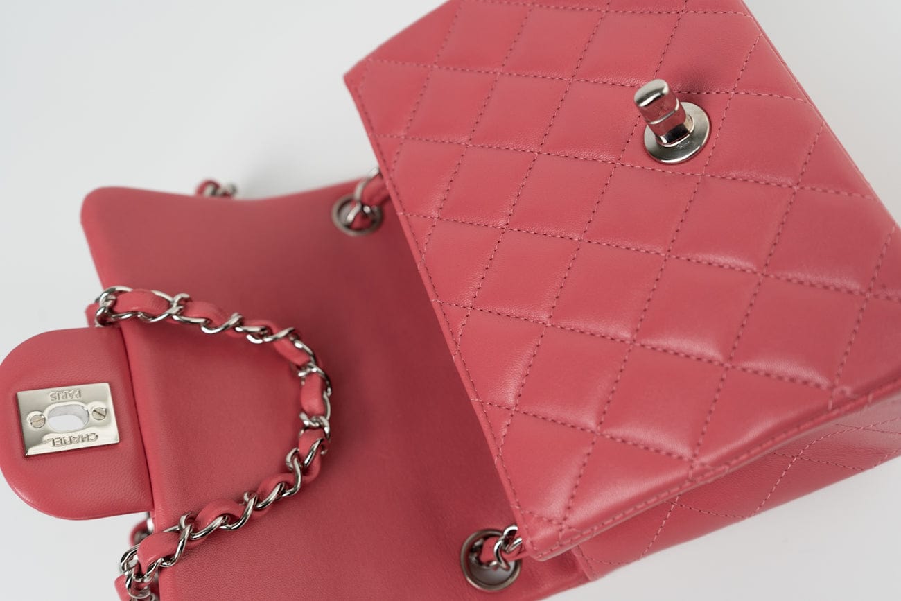 Mini Square Pink Lambskin Quilted Flap SHW