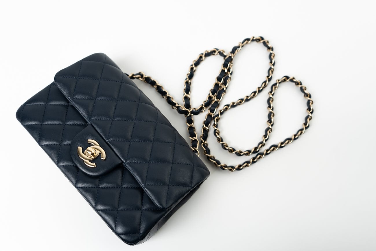 Navy Blue Lambskin Quilted Mini Rectangular Flap Bag LGHW
