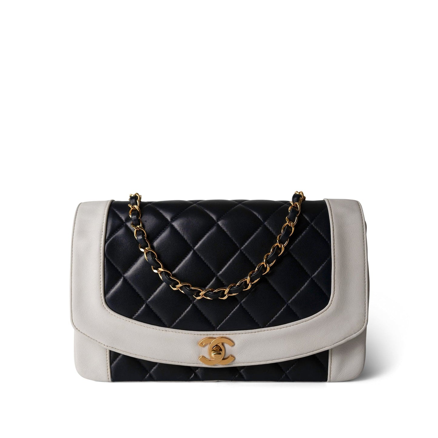 Dark Navy White Lambskin Quilted Diana Flap Medium Gold Hardware