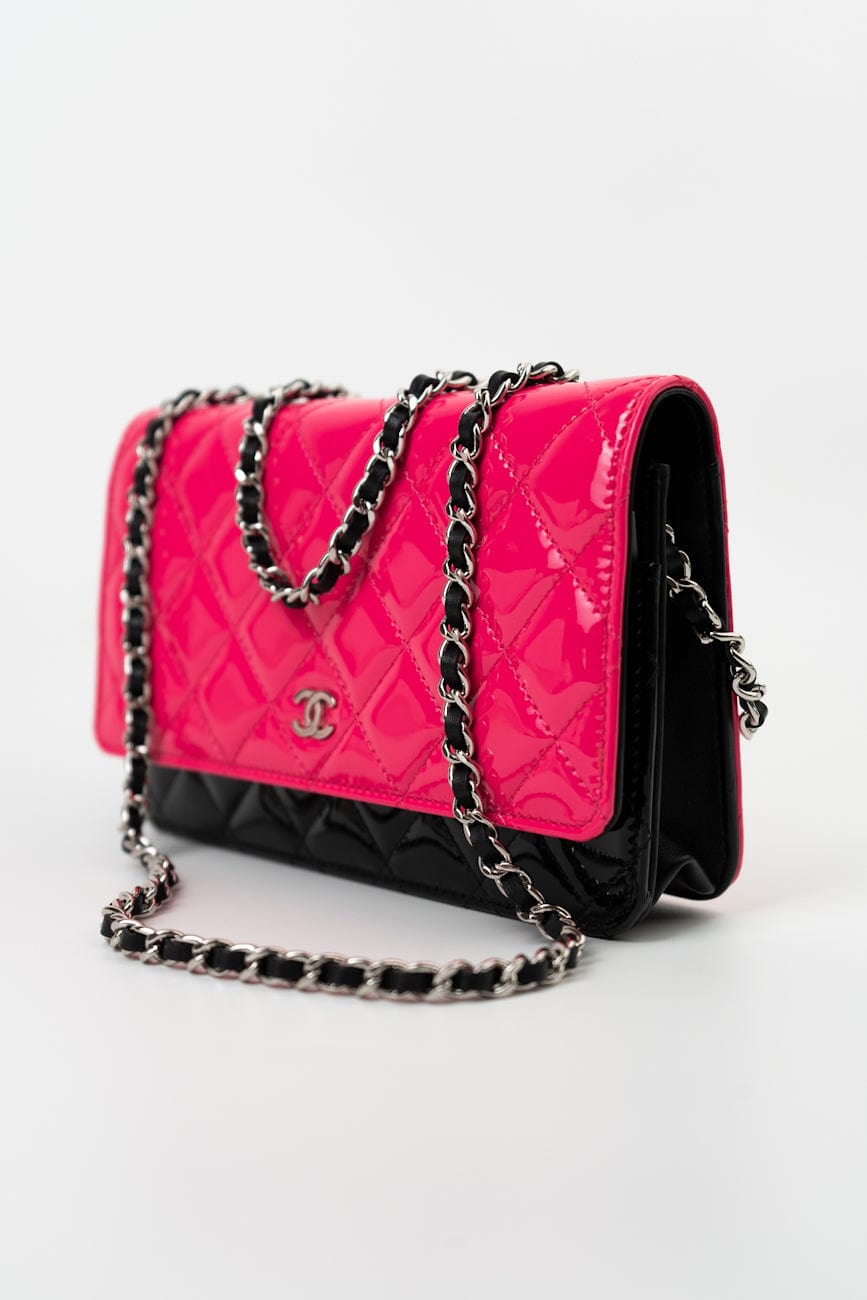 Patent Quilted Pink Black Bi-Color Wallet On Chain WOC