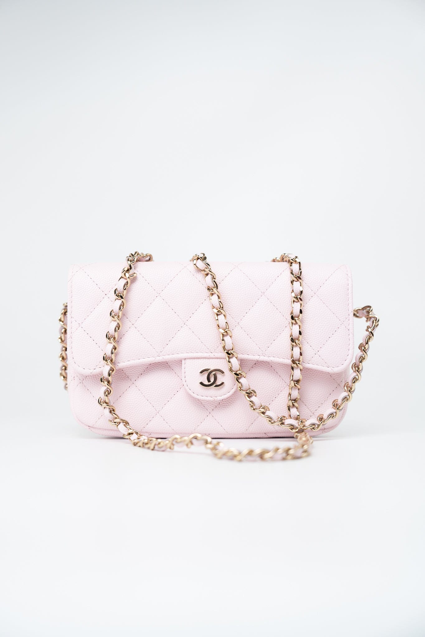 22P Light Pink Caviar Quilted Flap Phone Holder with Classic Chain LGHW