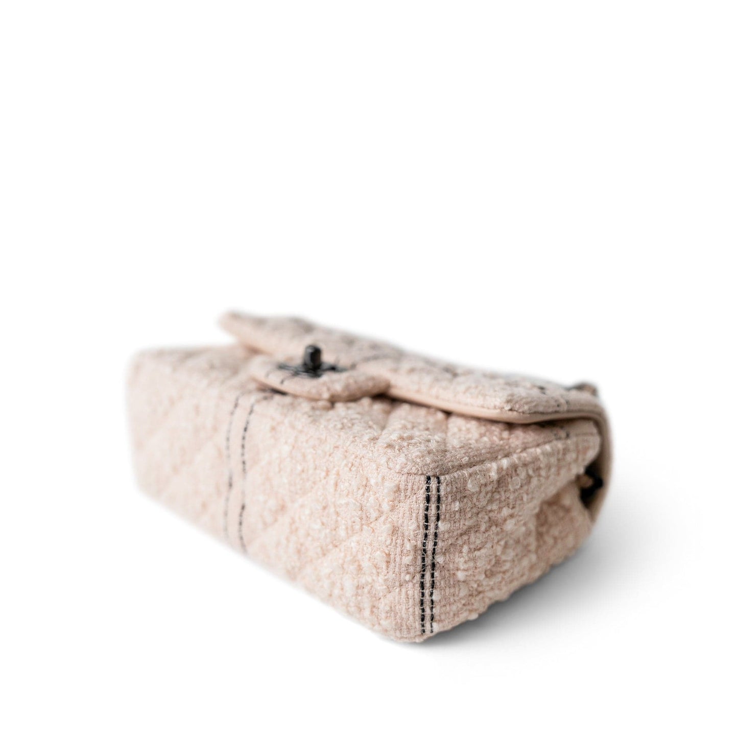 Light Pink Tweed Quilted Mini Rectangular Single Flap Black Metal Hardware
