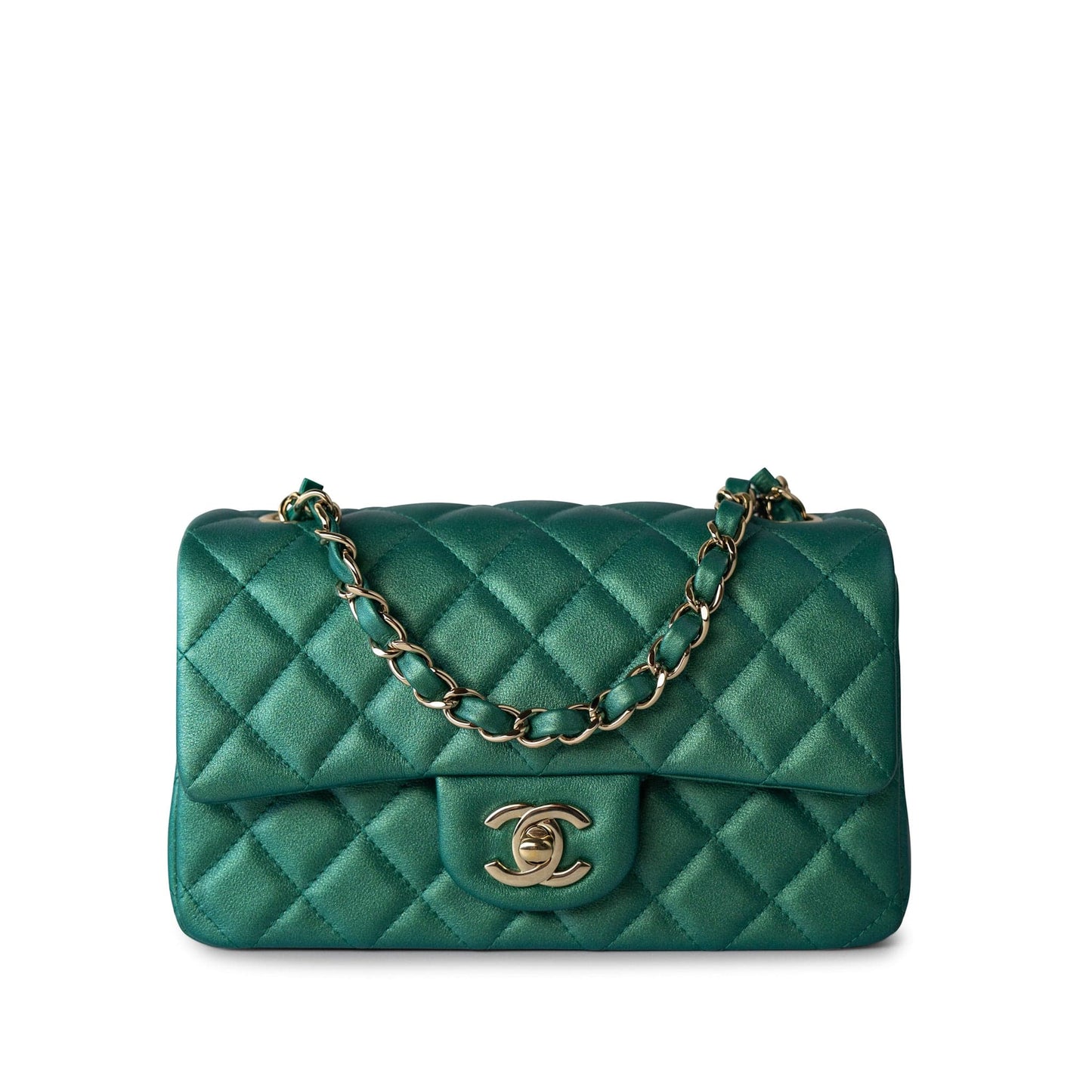 22A Iridescent Green Lambskin Quilted Mini Rectangular Single Flap Light Gold Hardware