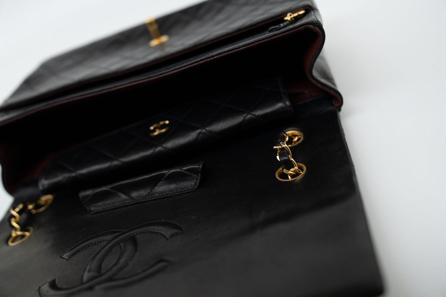 Vintage Black Lambskin Quilted Matelasse Single Flap Bag Gold Hardware