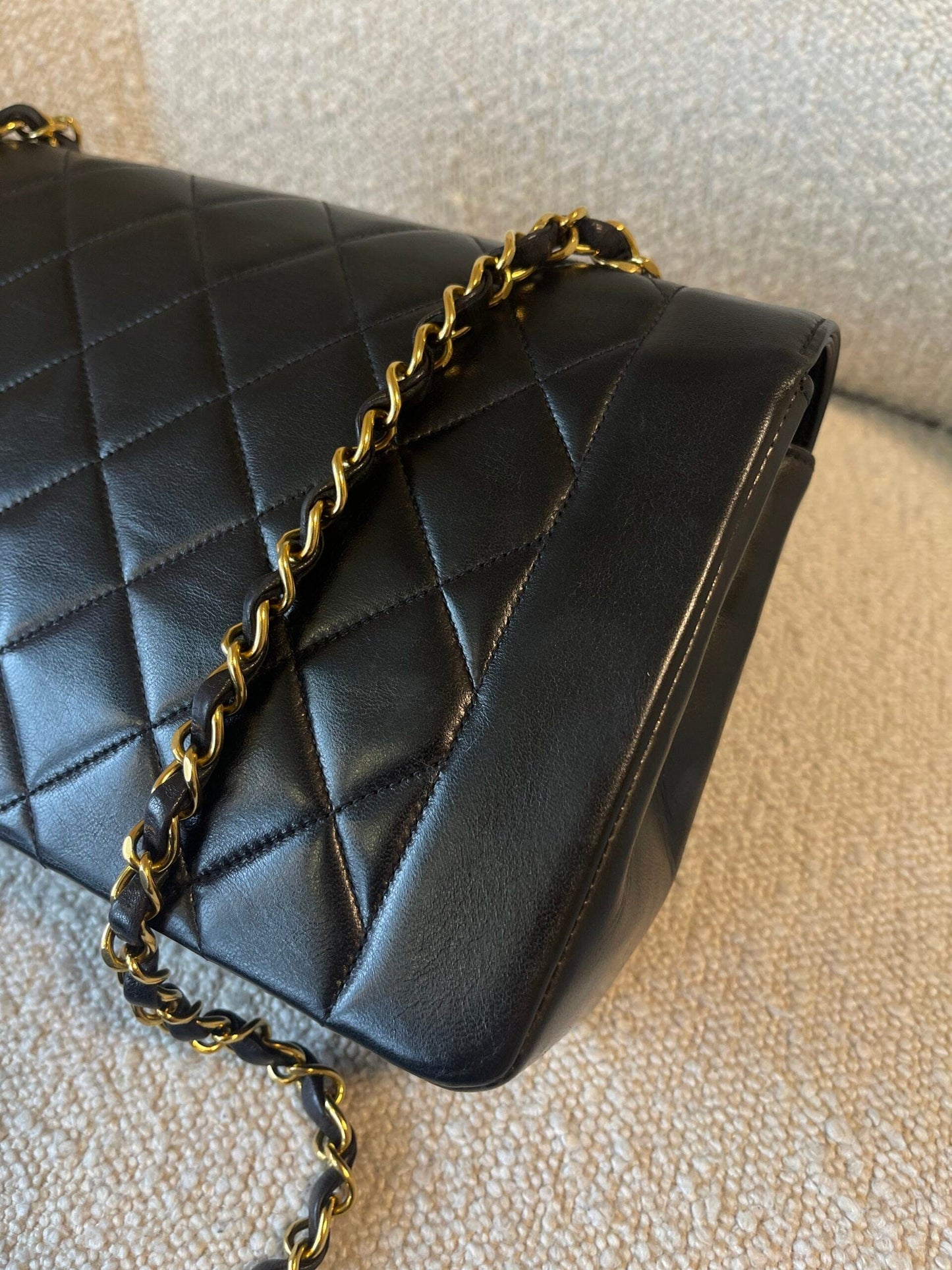 Vintage Black Lambskin Quilted Medium Diana Flap GHW