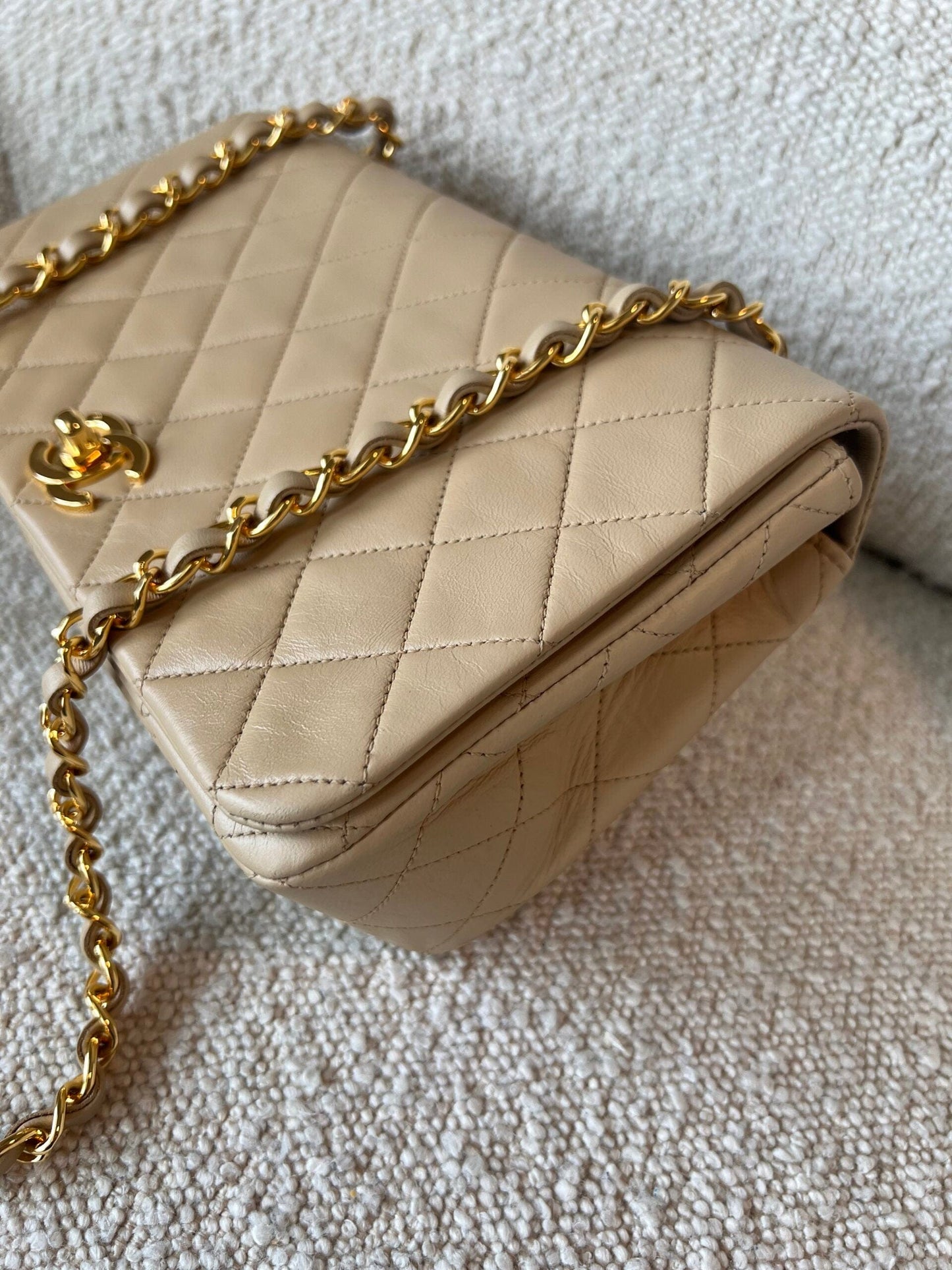 Vintage Light Beige Lambskin Quilted Full Flap Small Gold Hardware