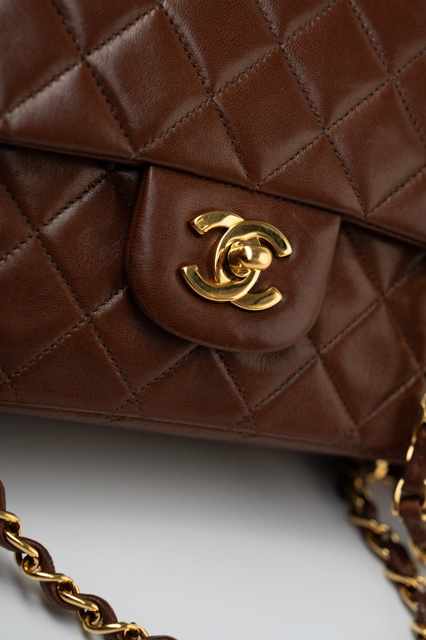 Vintage Light Brown Double Sided Flap Bag Gold Hardware