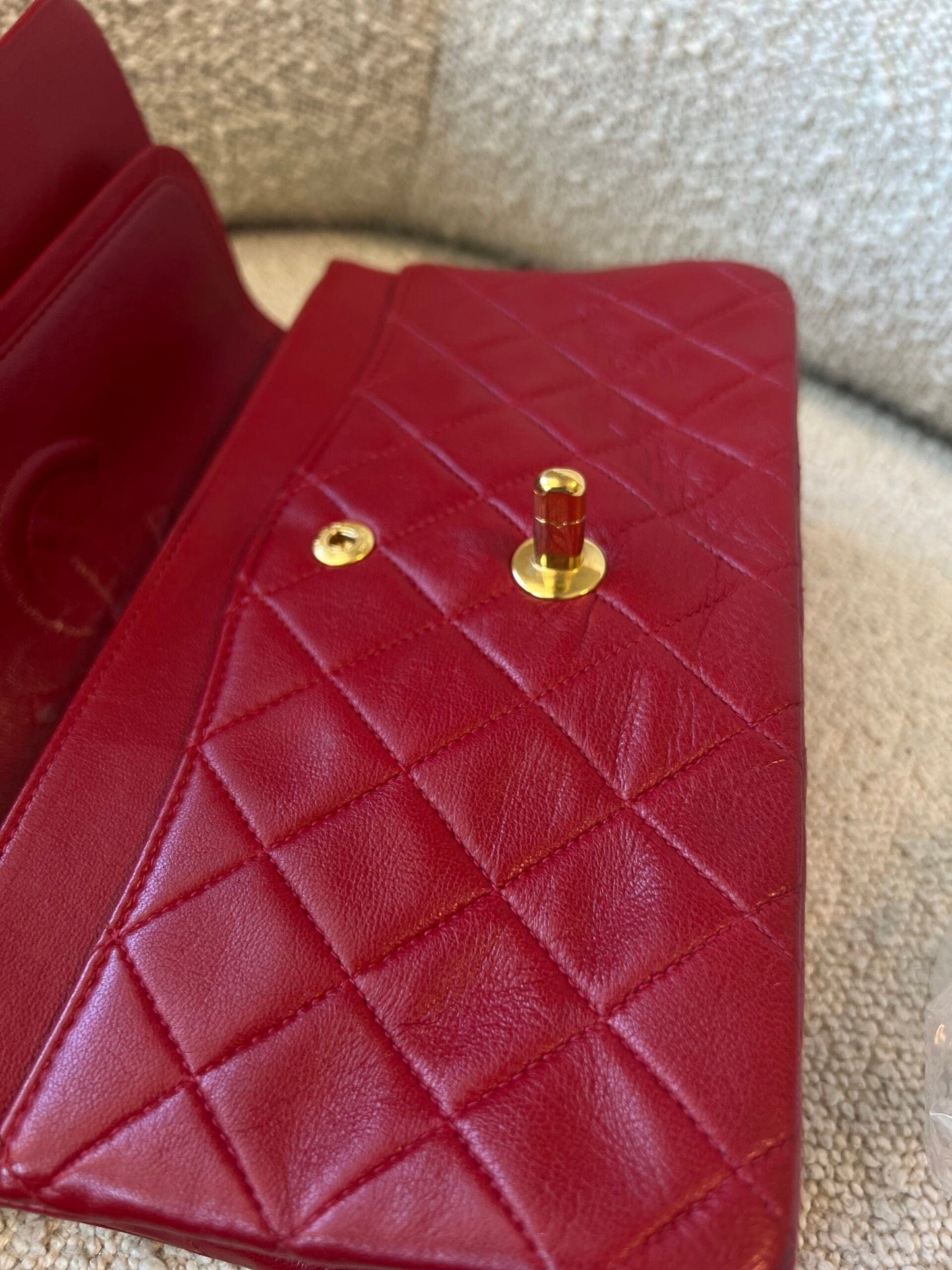 Vintage Red Lambskin Quilted Double Flap Small Gold Hardware