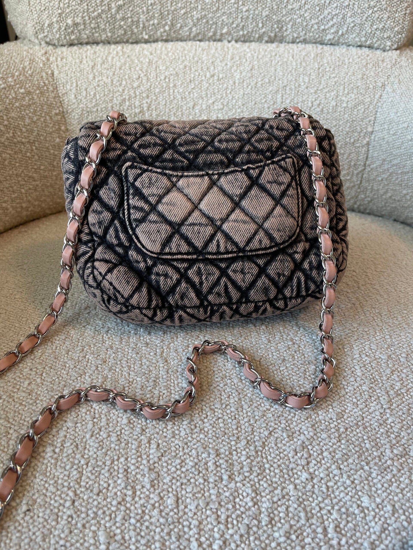 Washed Denim Quilted Small Denimpression Flap Rose Clair Silver Hardware