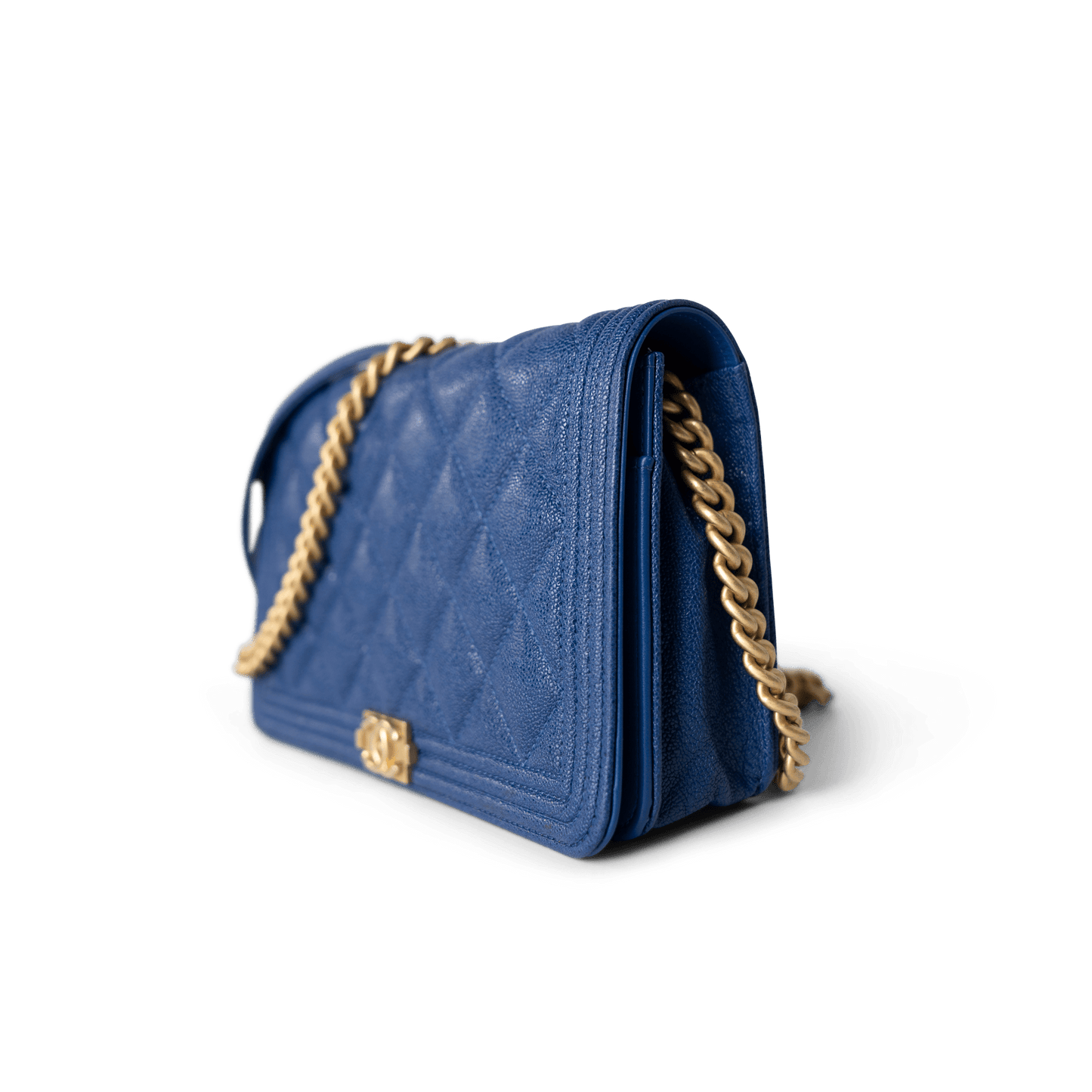 19A Blue Caviar Quilted Boy Wallet On Chain WOC Antique Gold Hardware
