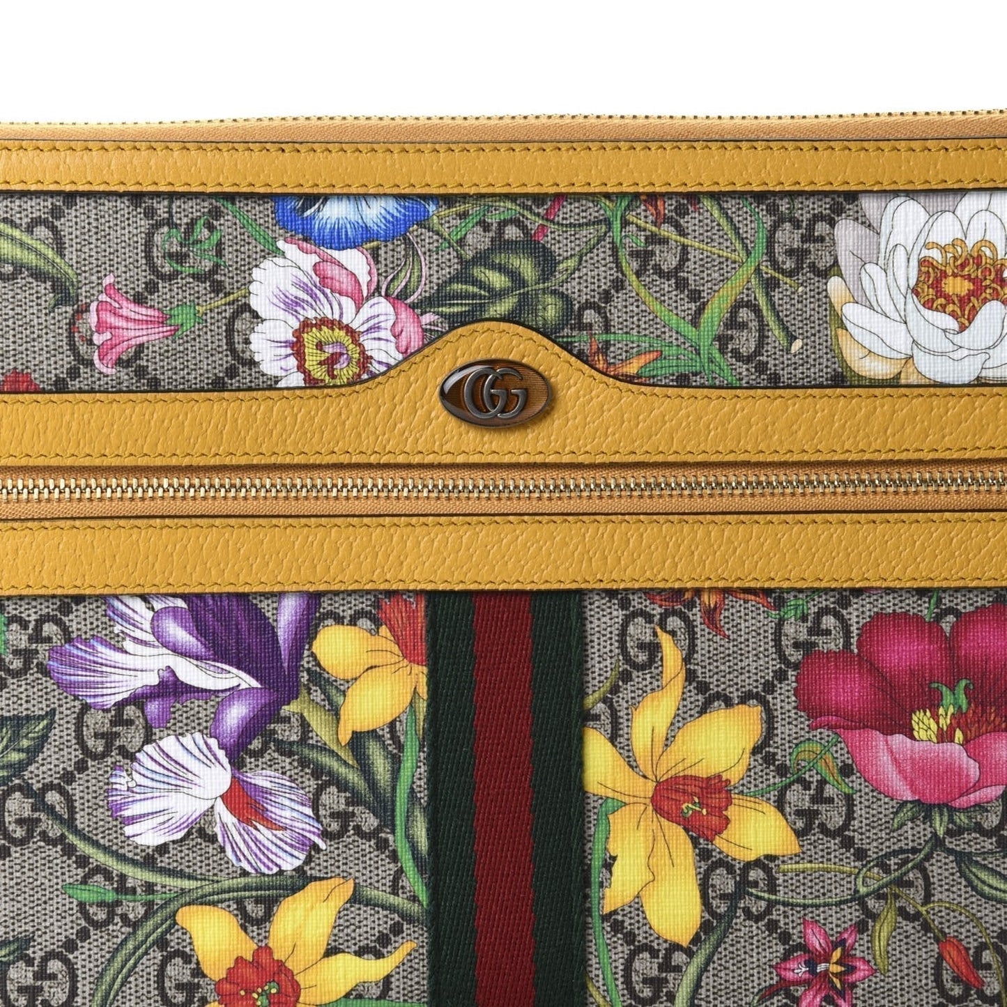Gucci Ophidia Yellow Leather Supreme Canvas Flora Large Pouch Clutch Bag