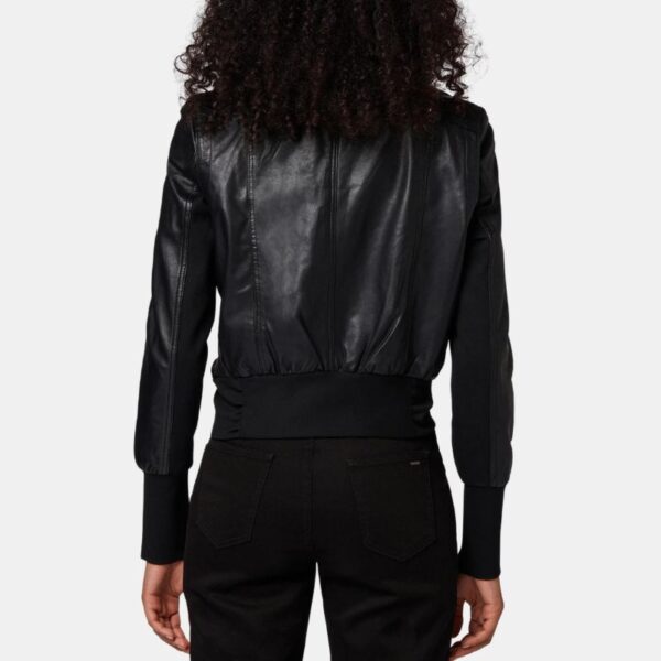 Women’s High Neck Black Leather Bomber Jacket