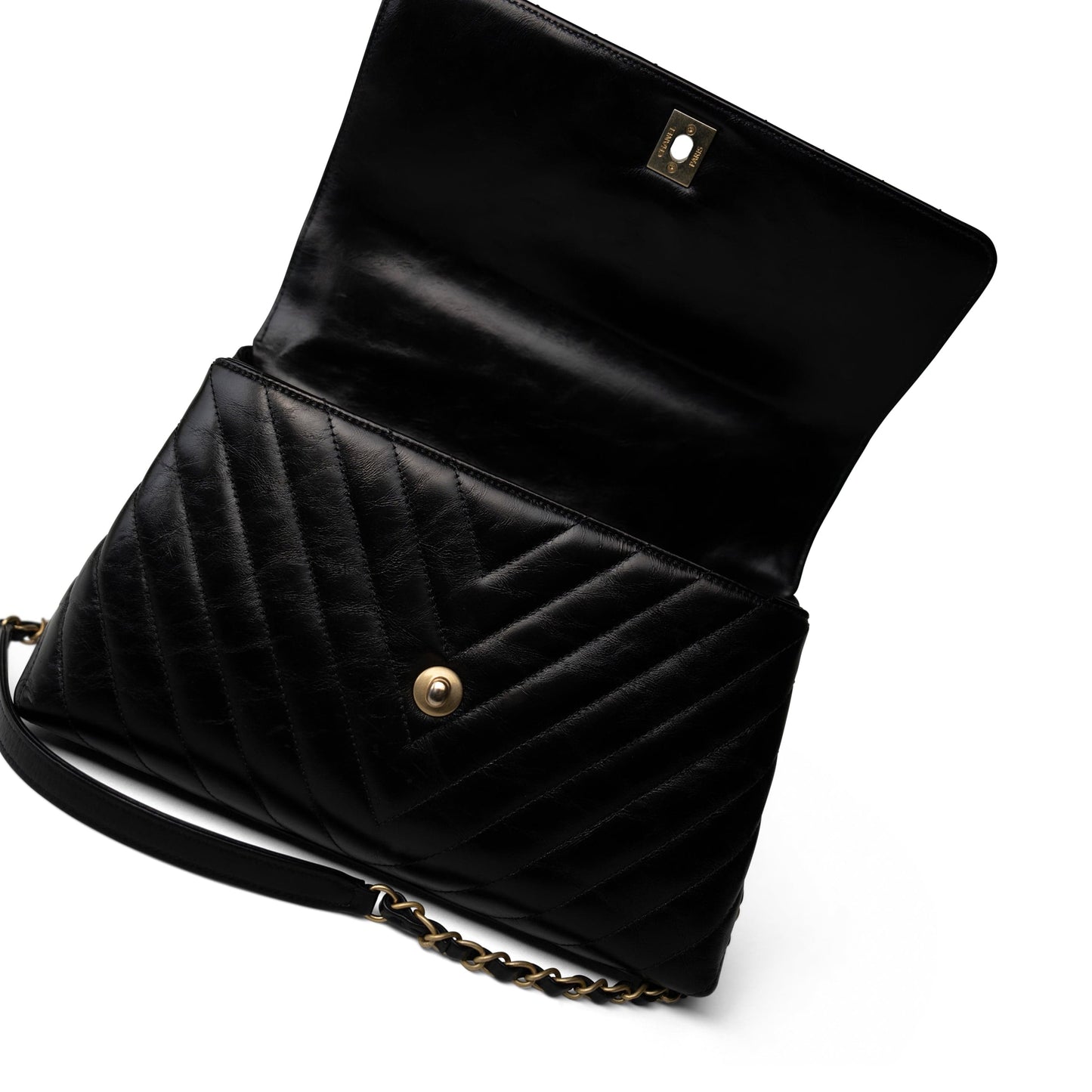 Black Chevron Calfskin Coco Handle Flap Medium (Old Small) Aged Gold Hardware