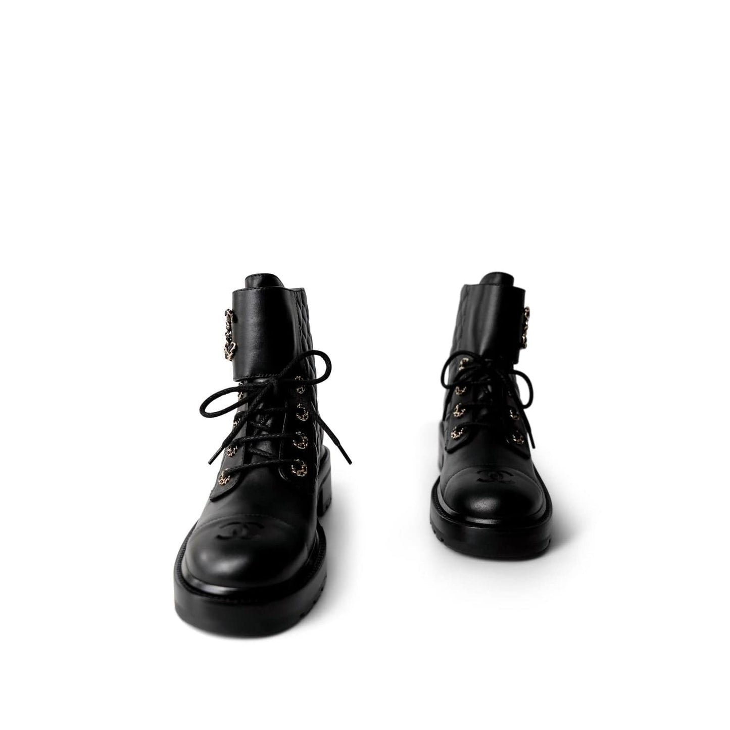 Black Calfskin Quilted Lace up Combat Boots Size 40