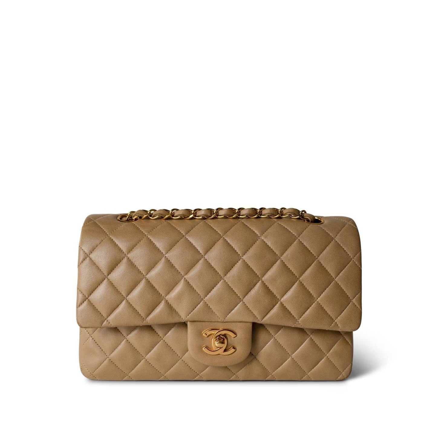 Dark Beige Lambskin Quilted Vintage Classic Flap Medium Gold Hardware