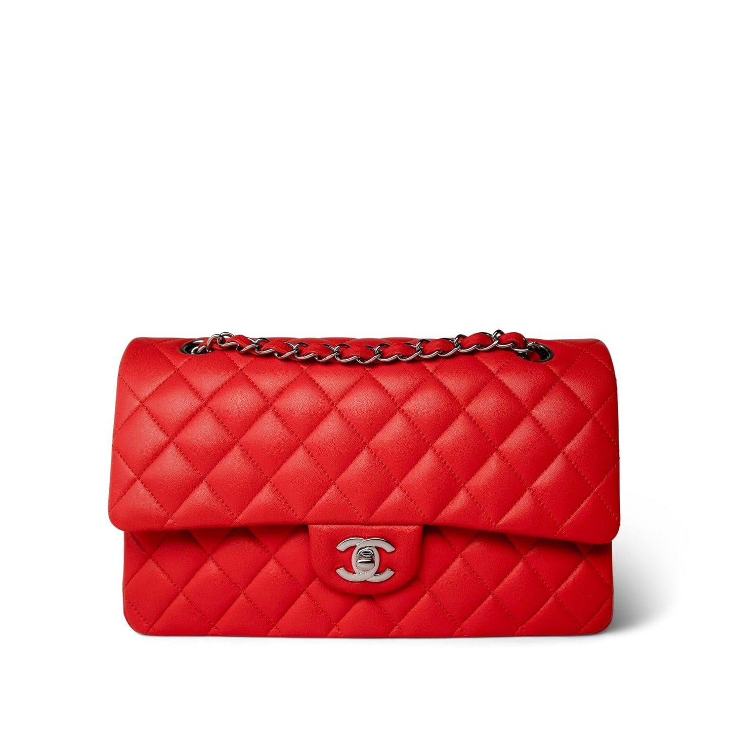 Red Lambskin Quilted Classic Flap Medium Silver Hardware