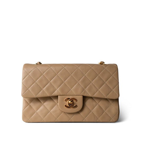 Vintage Light Beige Lambskin Quilted Classic Flap Small Gold Hardware