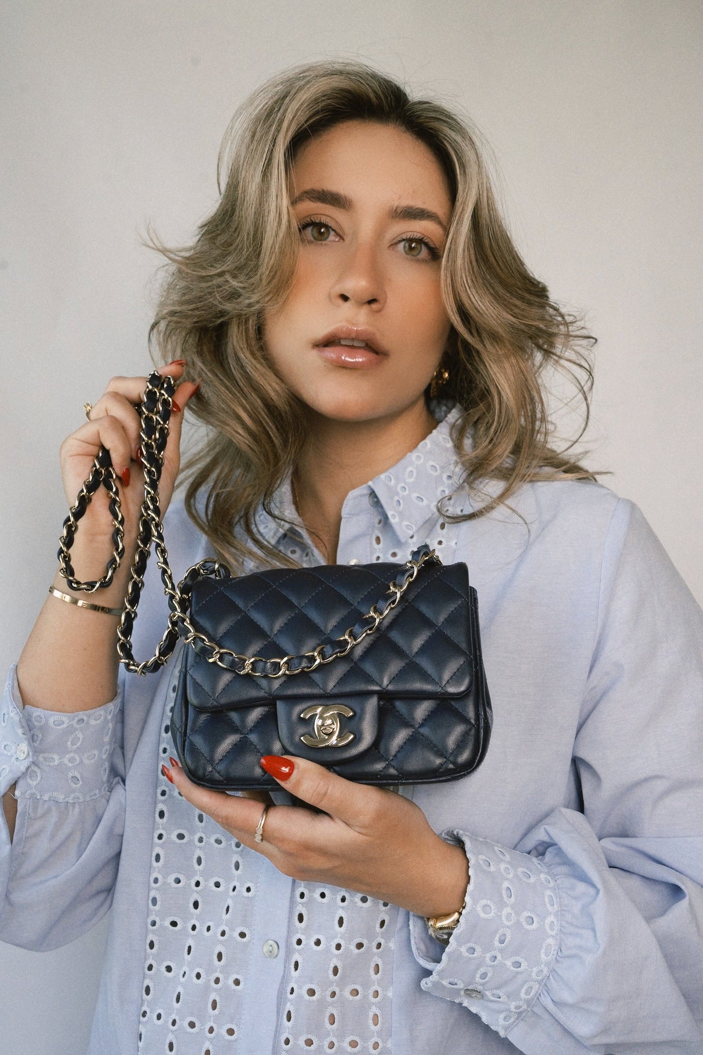 Navy Lambskin Quilted Mini Square Flap Bag LGHW