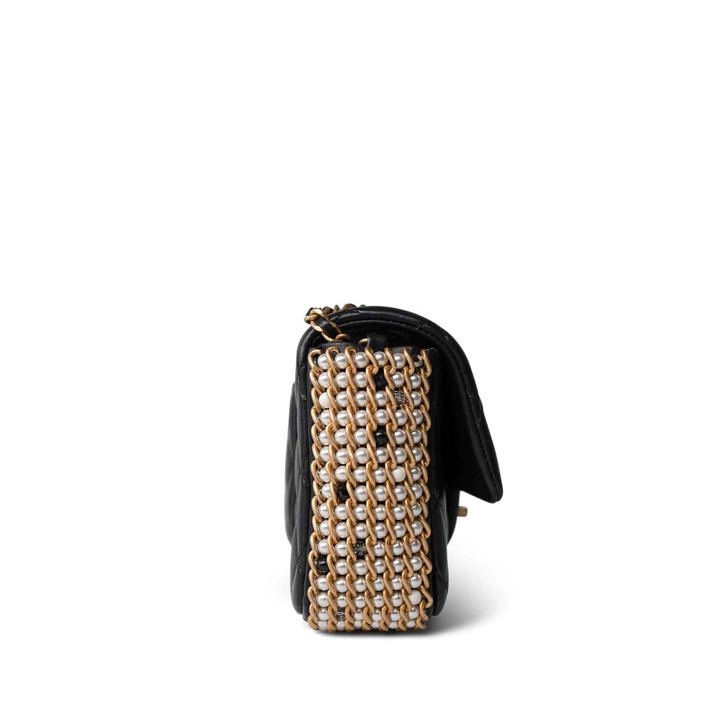 Black Lambskin Quilted Mini River of Pearls Flap Bag Aged Gold Hardware