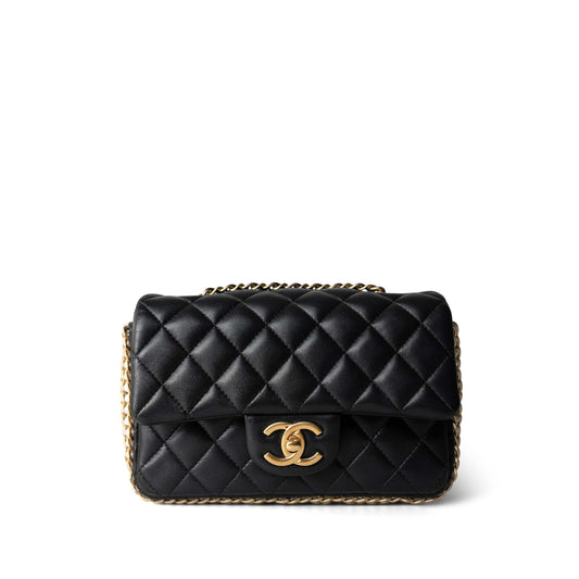 Black Lambskin Quilted Mini River of Pearls Flap Bag Aged Gold Hardware