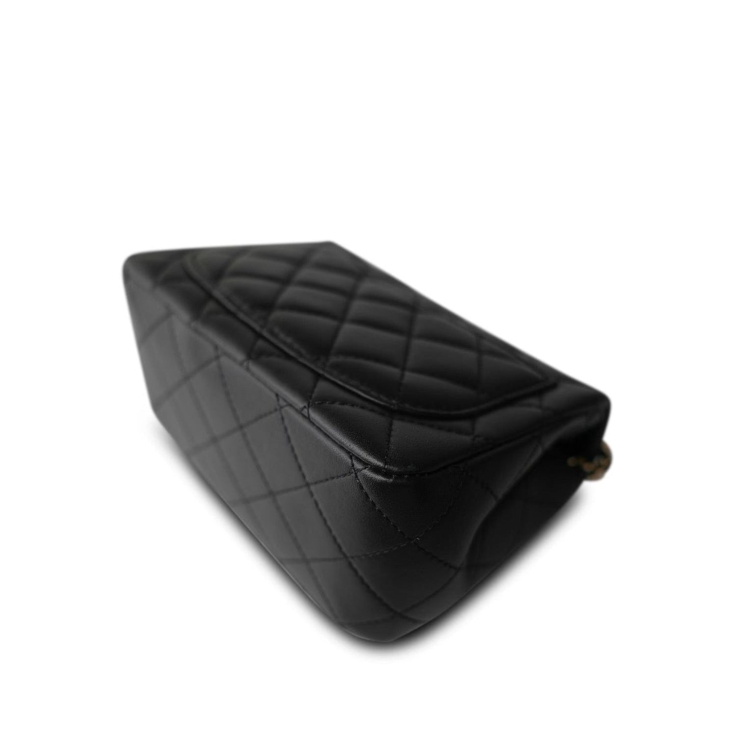 Black Lambskin Quilted Pearl Crush Mini Square Flap Light Gold Hardware