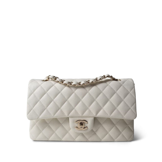 Ivory Caviar Quilted Classic Flap Medium Light Gold Hardware