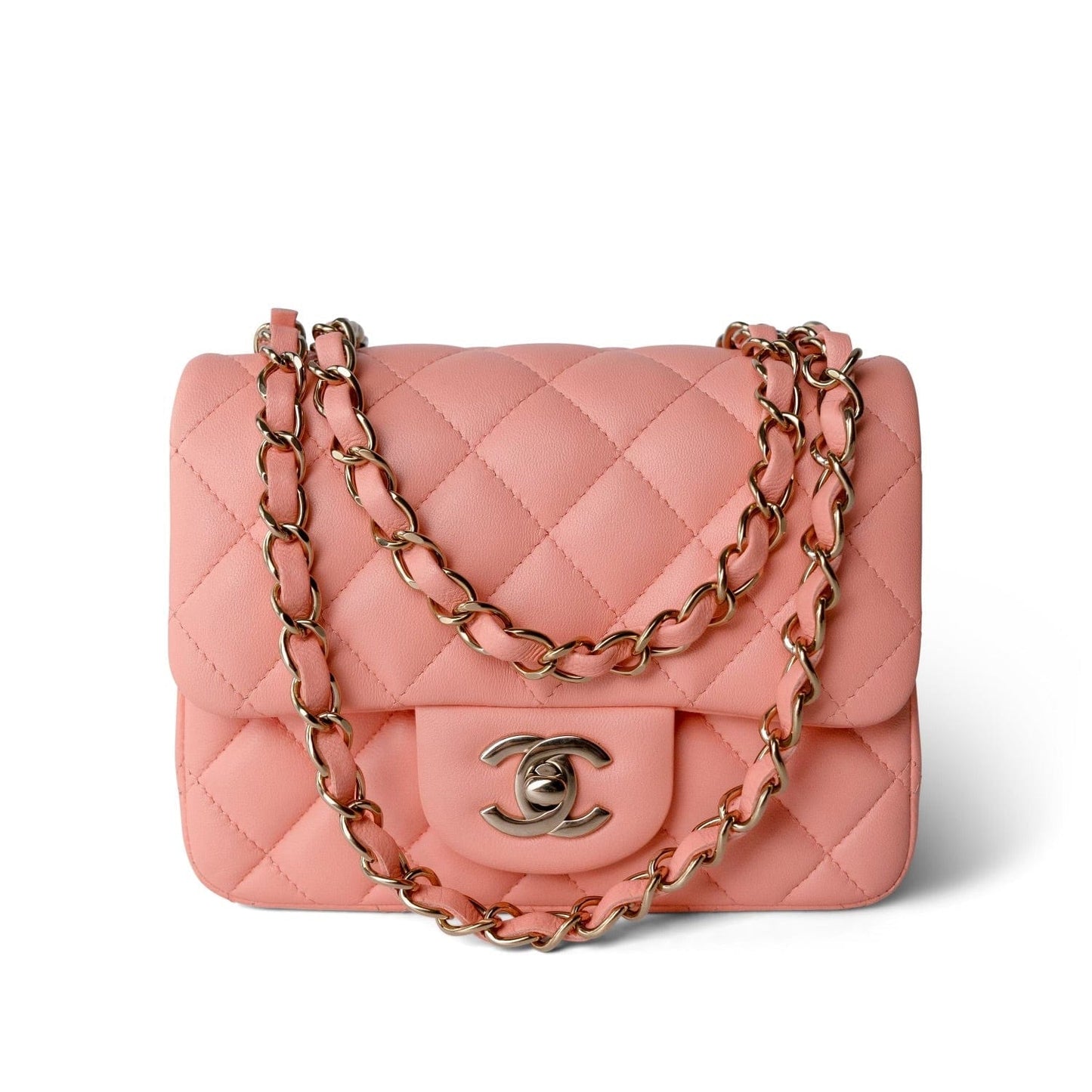 Peach Lambskin Quilted Mini Square Flap LGHW