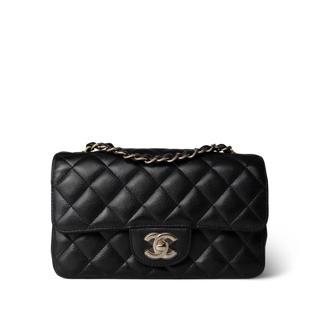 Black Caviar Quilted Mini Rectangular Flap Light Gold Hardware