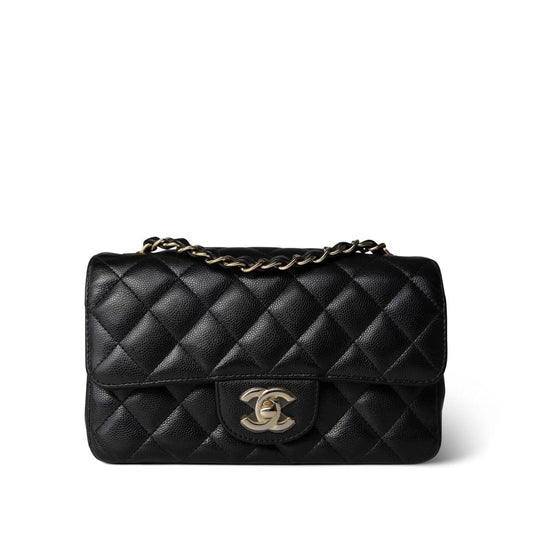 Black Caviar Quilted Mini Rectangular Flap Light Gold Hardware