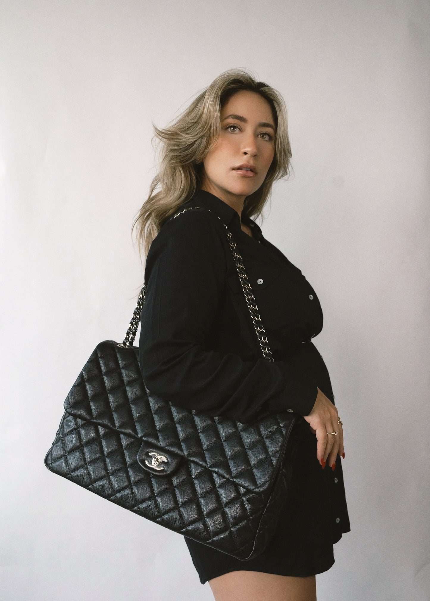 Black Caviar Quilted XXL Jumbo Single Flap Light Gold Hardware