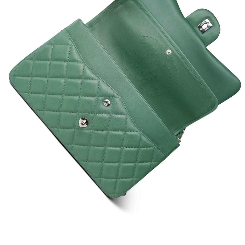 19B Dark Green Lambskin Quilted Classic Flap SHW