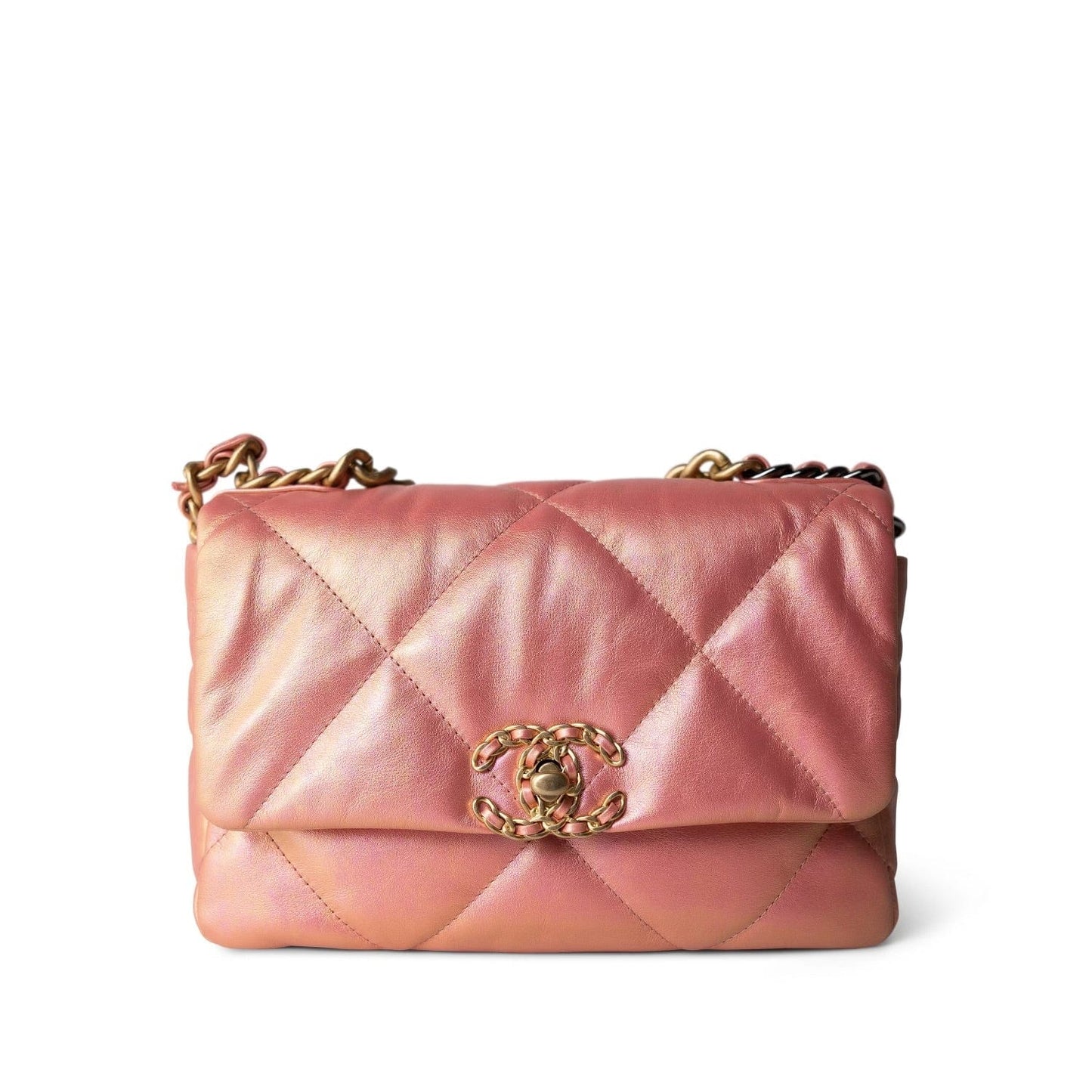 21P Iridescent Pink/Gold Lambskin Quilted 19 Flap Small Mixed Hardware