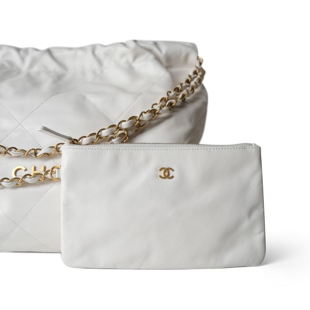 23C White Calfskin Quilted 22 Hobo Bag Small Aged Gold Hardware