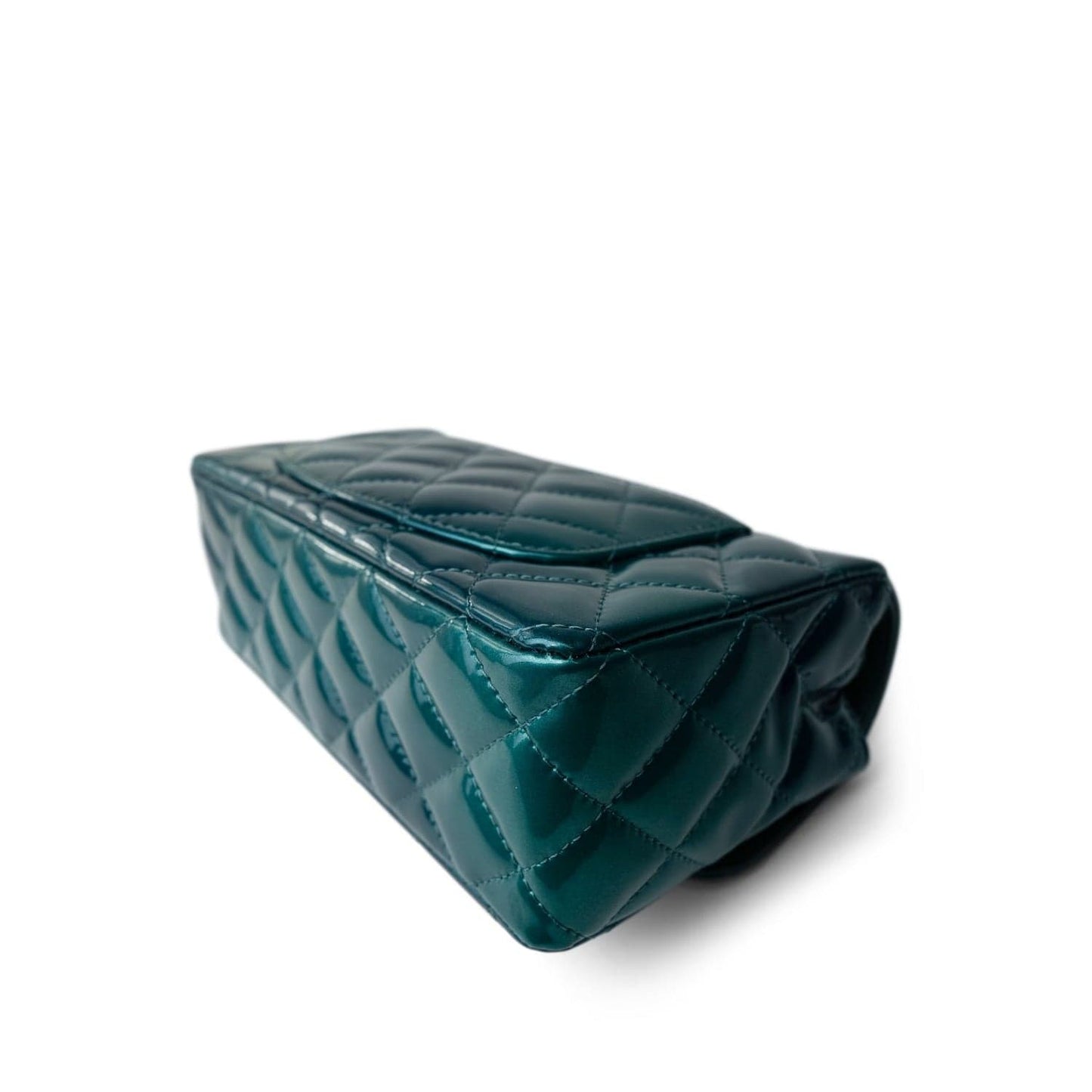 23P Multi Tone Green Patent Quilted Mini Rectangular Flap Light Gold Hardware